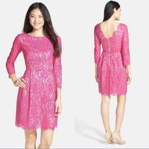 Eliza J hot pink lace 3/4 sleeve belted dress sz 6